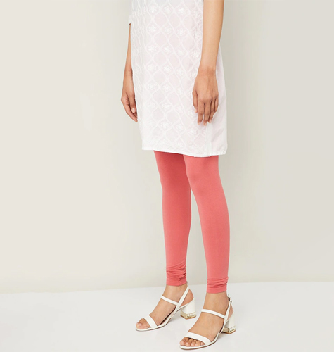 Women Coral-Coloured Solid Ankle-Length Leggings